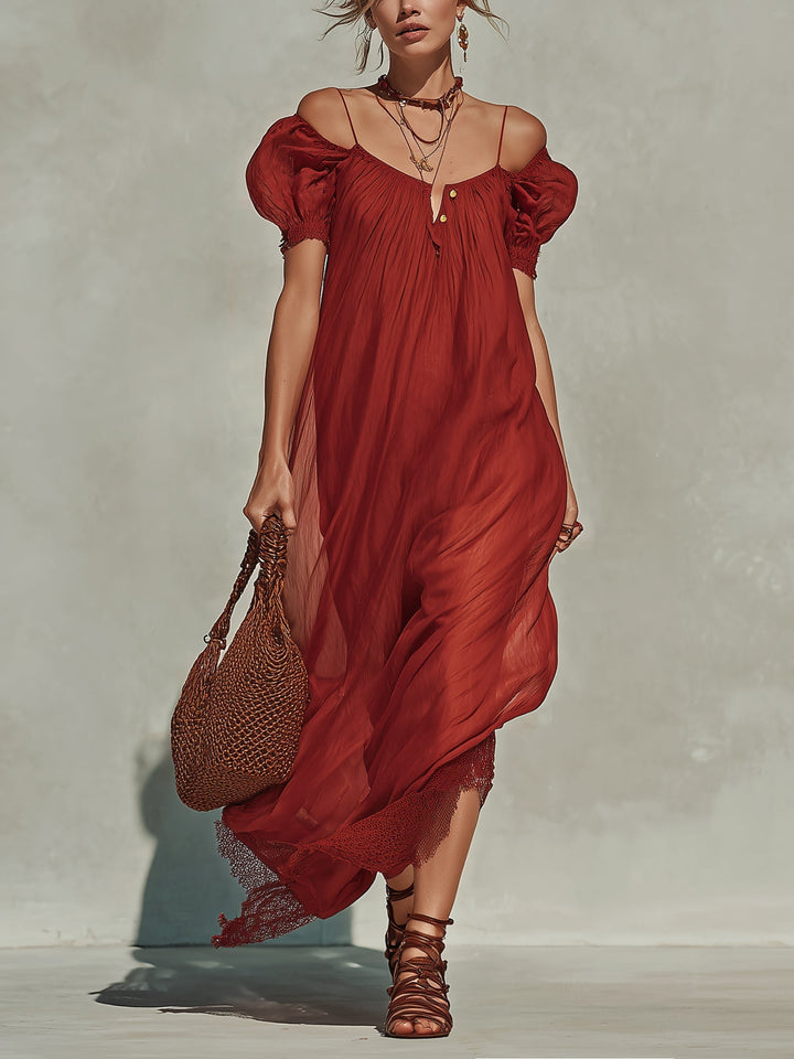 Lace Trim Chiffon Maxi Dress