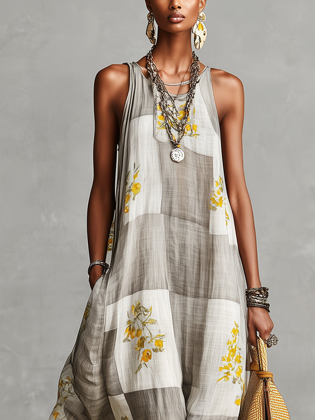 Checkered Floral Maxi Dress