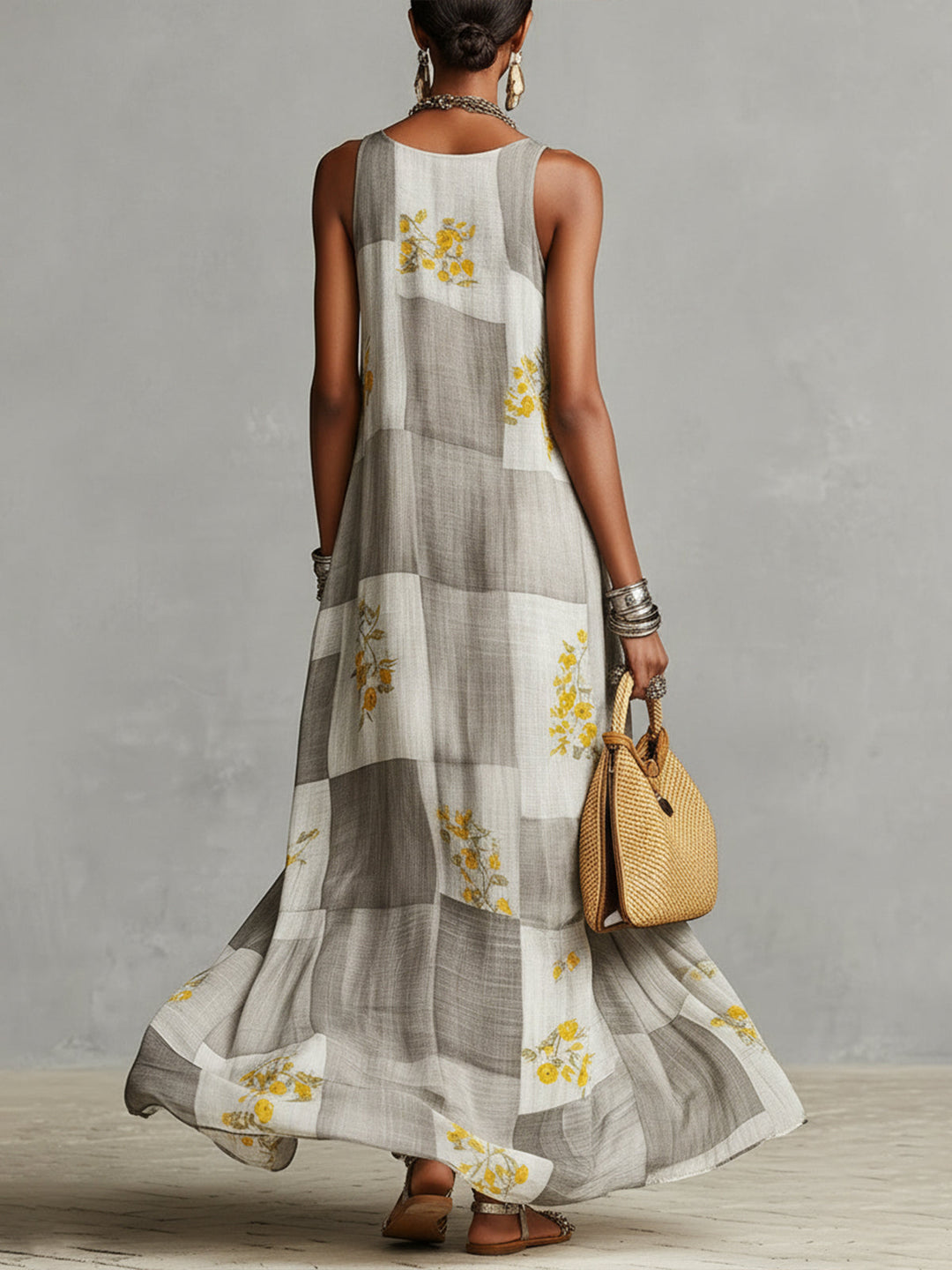 Checkered Floral Maxi Dress