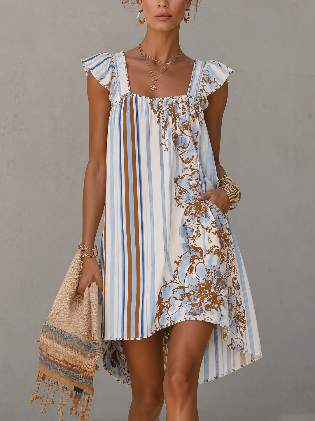 Striped Floral Ruffle Mini Dress