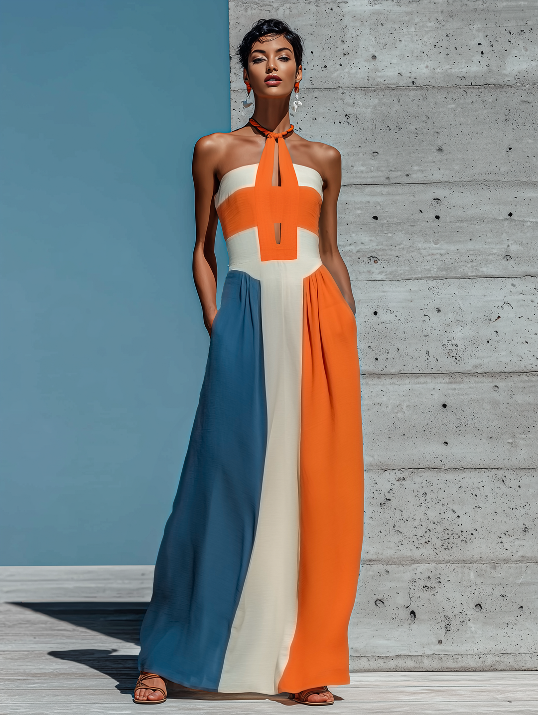 Colorblock Halter Pleated Maxi Dress