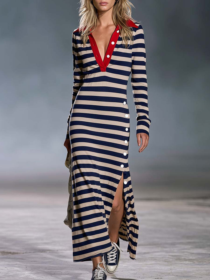 Nautical Polo Slit Maxi Dress
