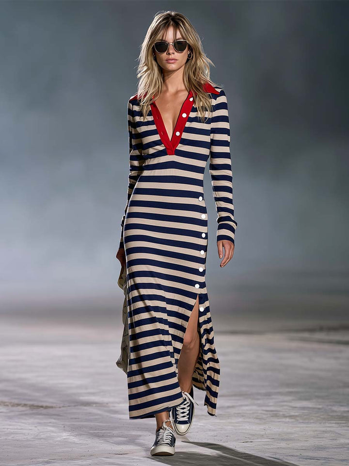 Nautical Polo Slit Maxi Dress