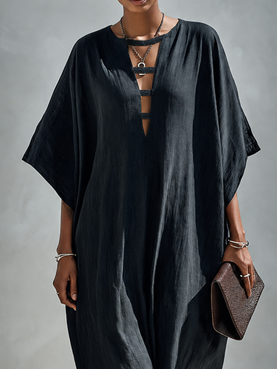 Deep V Linen Maxi Dress