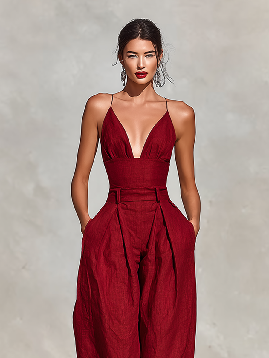 Spaghetti Straps &amp; High-Waisted Pleated Jumpsuit