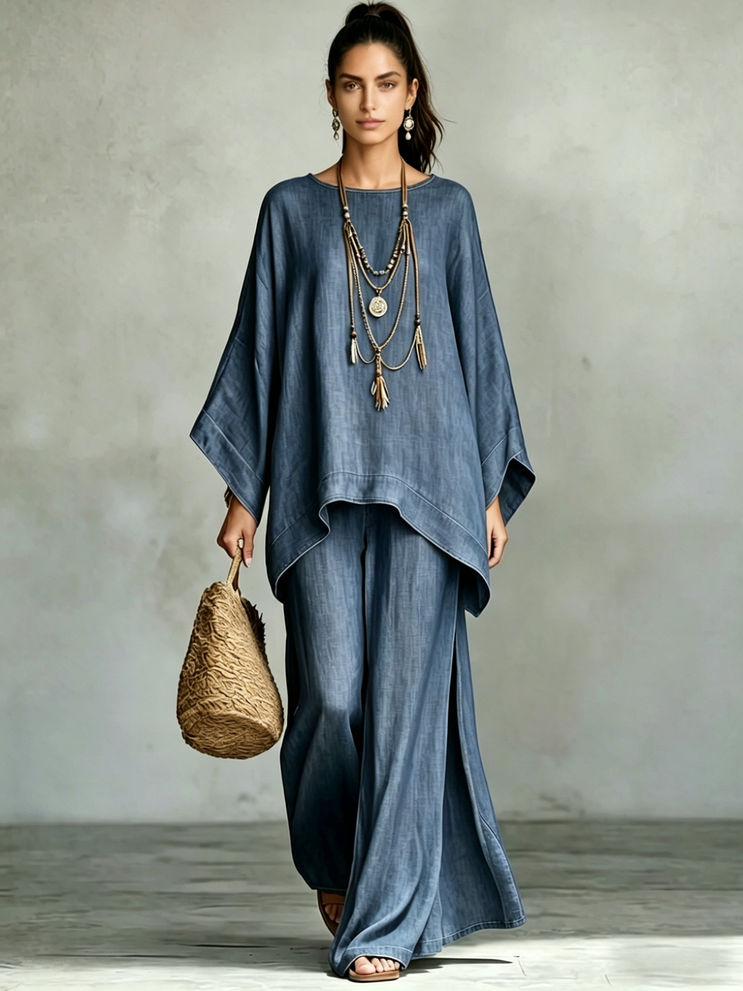 Denim Batwing Asymmetrical Top &amp; Wide Leg Pants Set