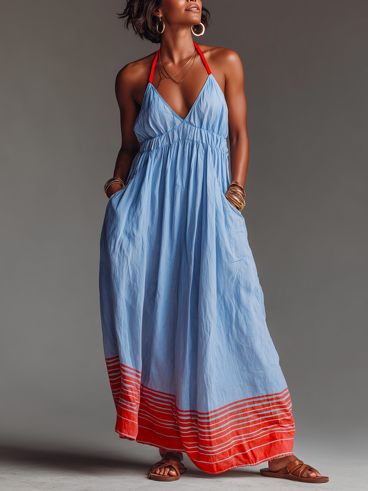 Vacation Style Blended Halter Neck Striped Hem Maxi Dress With Pockets