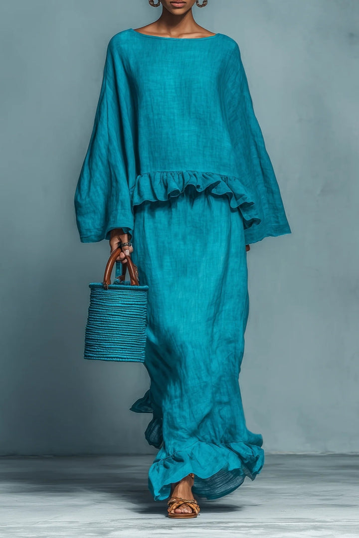 Blue Ruffle Linen-Blend Blouse &amp; Skirt Set