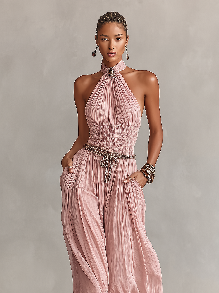 Halter Neck &amp; Ruched Waist Pleated Jumpsuit