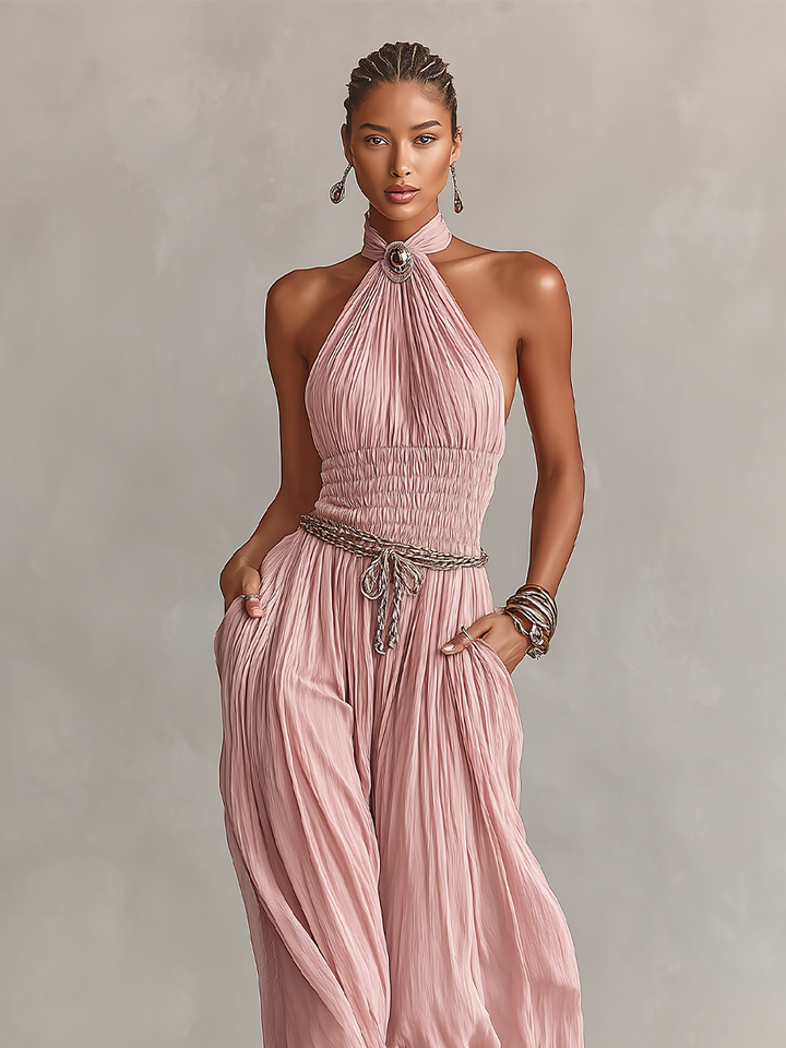 Halter Neck &amp; Ruched Waist Pleated Jumpsuit