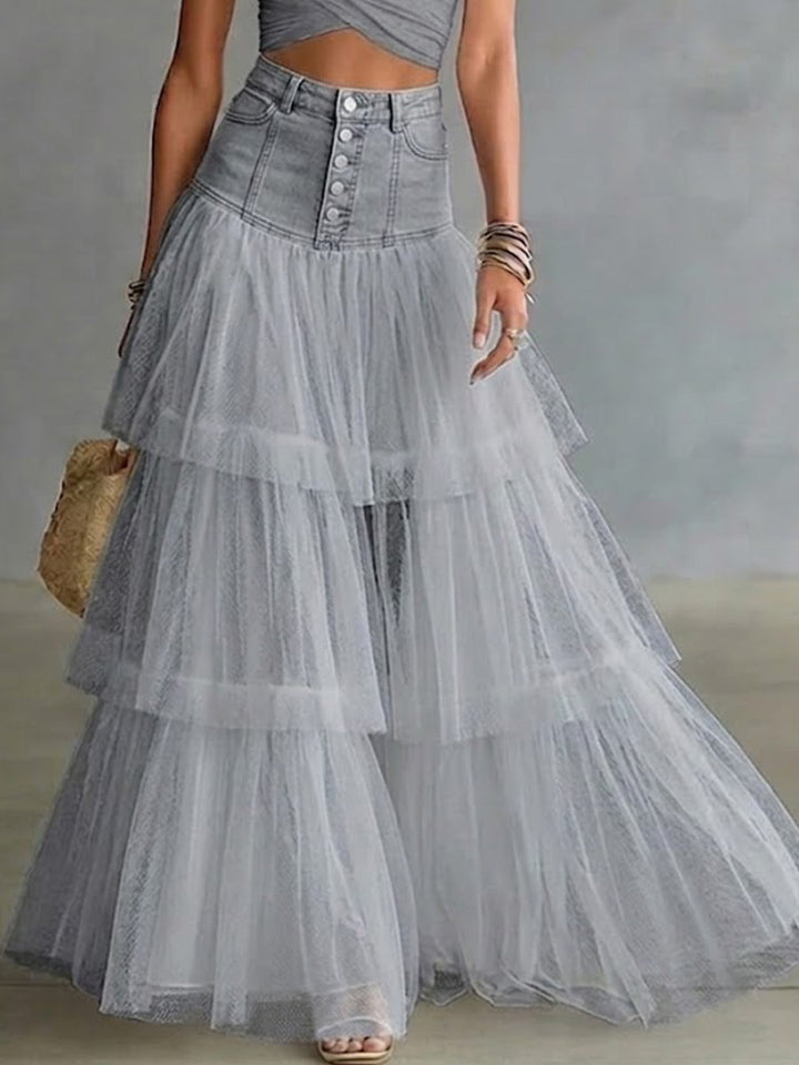 Stylish Casual Spliced Mesh Denim Skirt