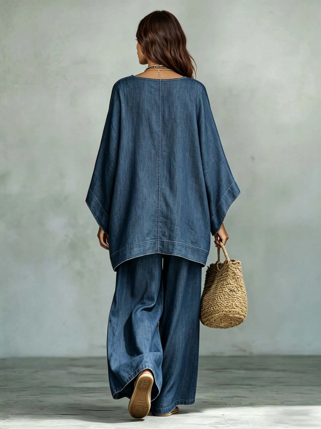 Denim Batwing Asymmetrical Top &amp; Wide Leg Pants Set