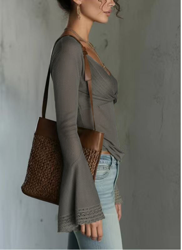Sage Green Sheer Mesh Wrap Bell Sleeve Top