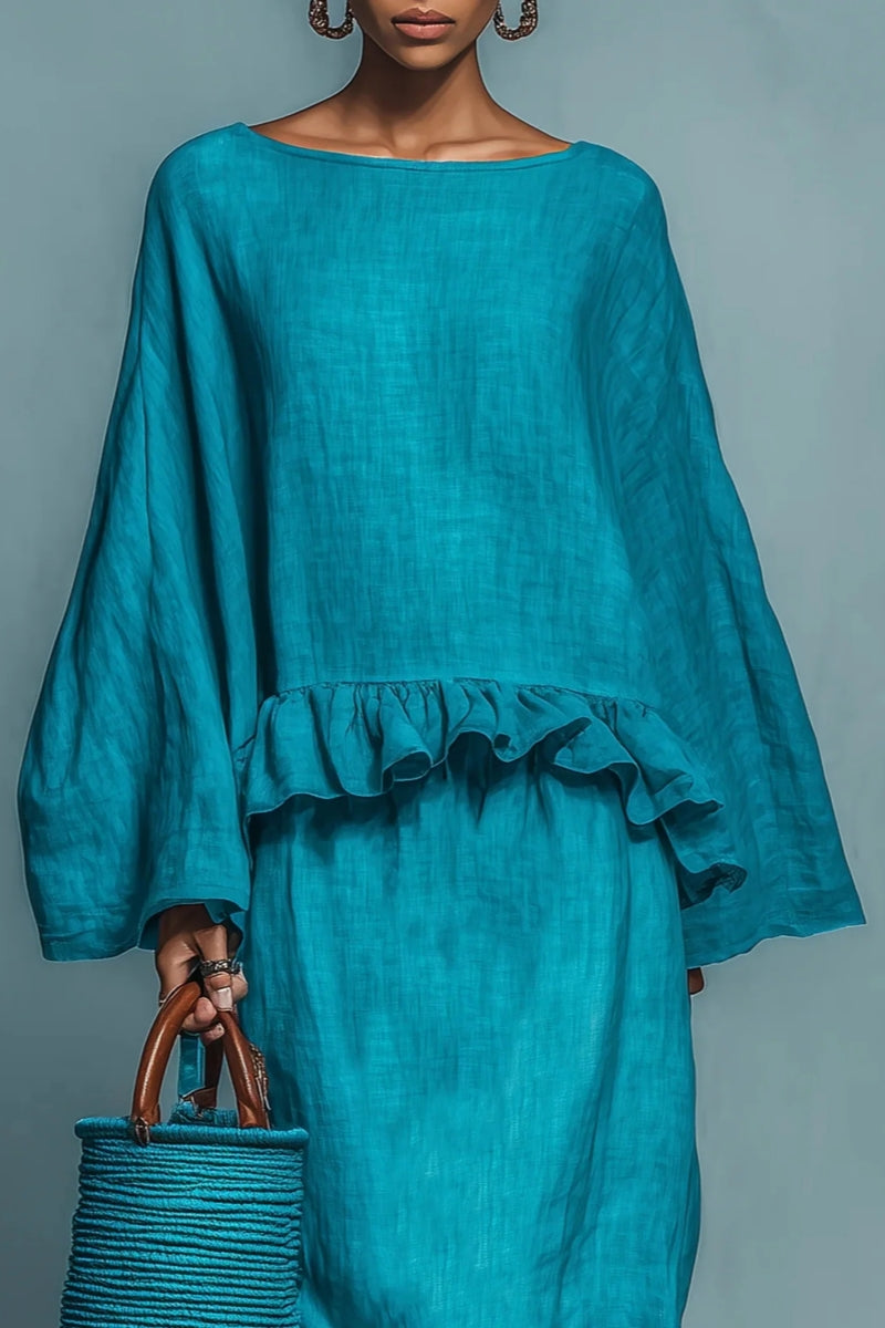 Blue Ruffle Linen-Blend Blouse &amp; Skirt Set