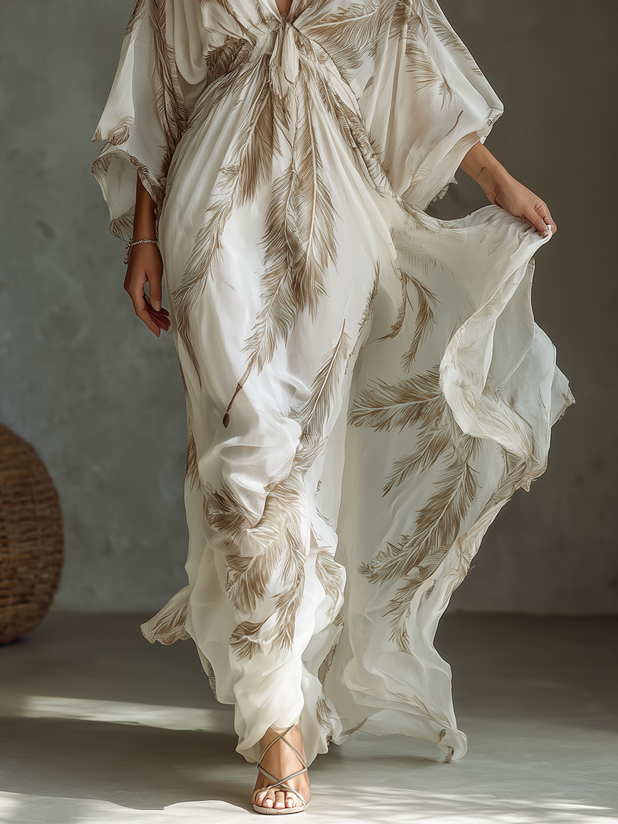 Twist Front &amp; Palm Leaf Print Chiffon Dolman Sleeve Maxi Dress