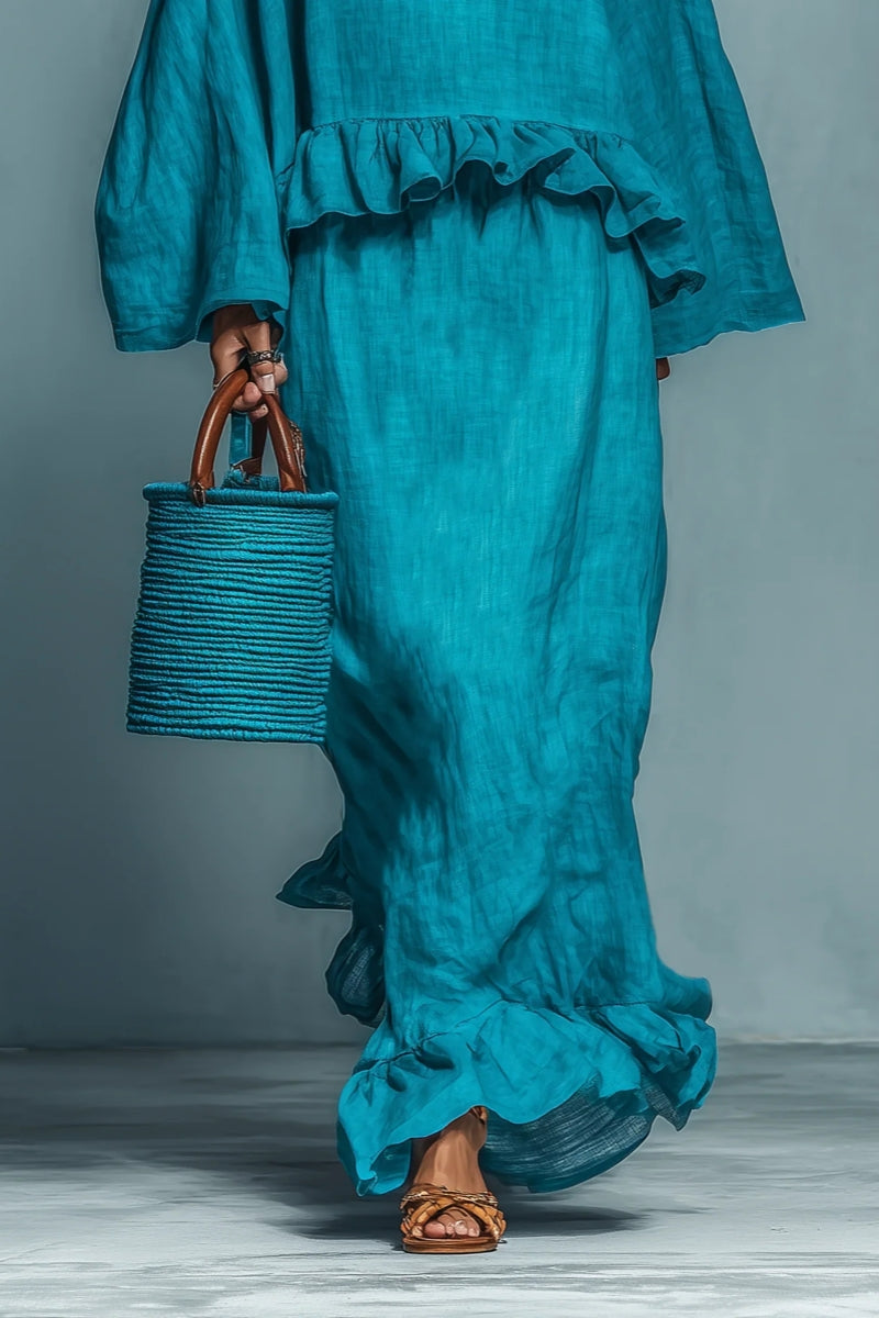 Blue Ruffle Linen-Blend Blouse &amp; Skirt Set