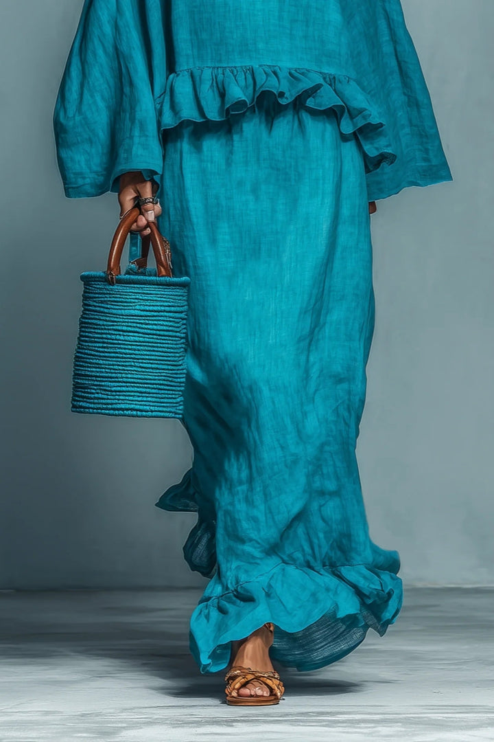 Blue Ruffle Linen-Blend Blouse &amp; Skirt Set