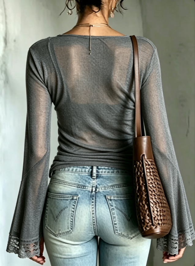 Sage Green Sheer Mesh Wrap Bell Sleeve Top