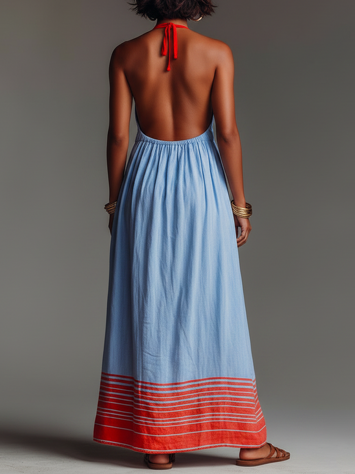 Vacation Style Blended Halter Neck Striped Hem Maxi Dress With Pockets