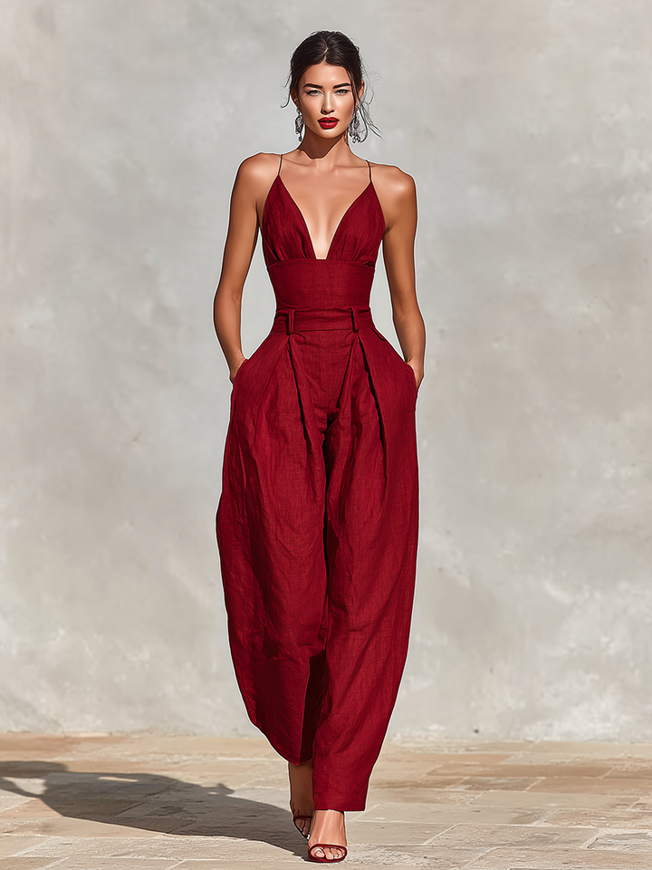 Spaghetti Straps &amp; High-Waisted Pleated Jumpsuit