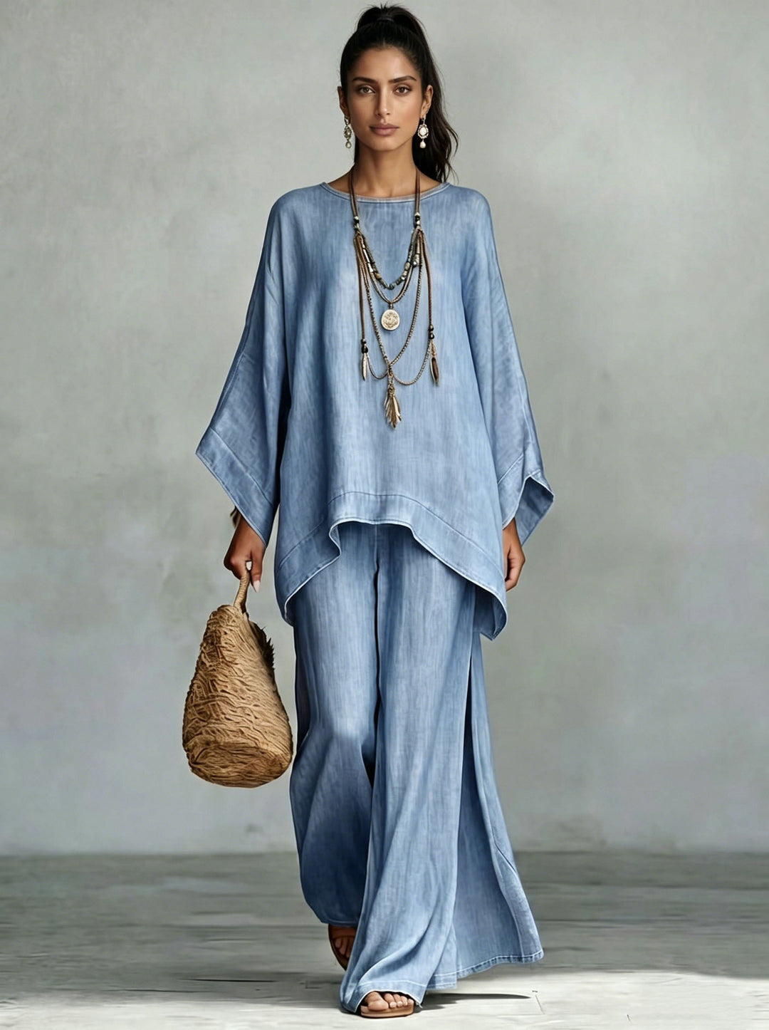 Denim Batwing Asymmetrical Top &amp; Wide Leg Pants Set
