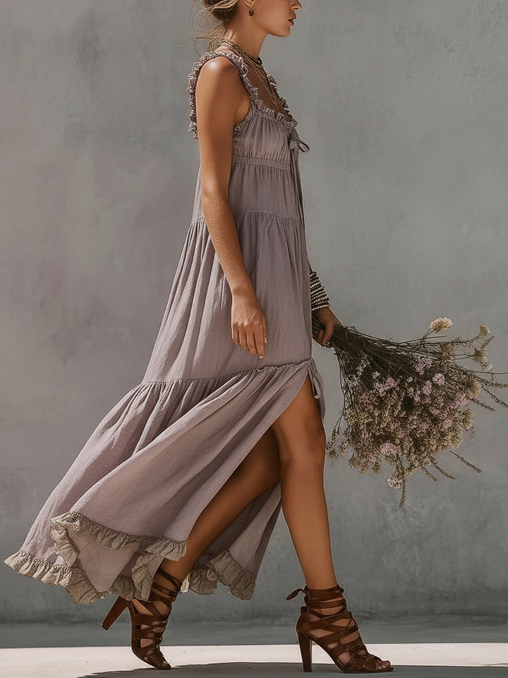 Lace Trim Linen Maxi Dress