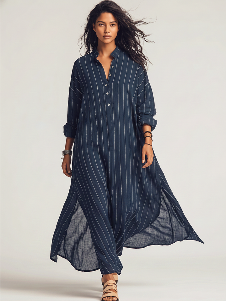 Striped Stand-Collar Chiffon Maxi Dress