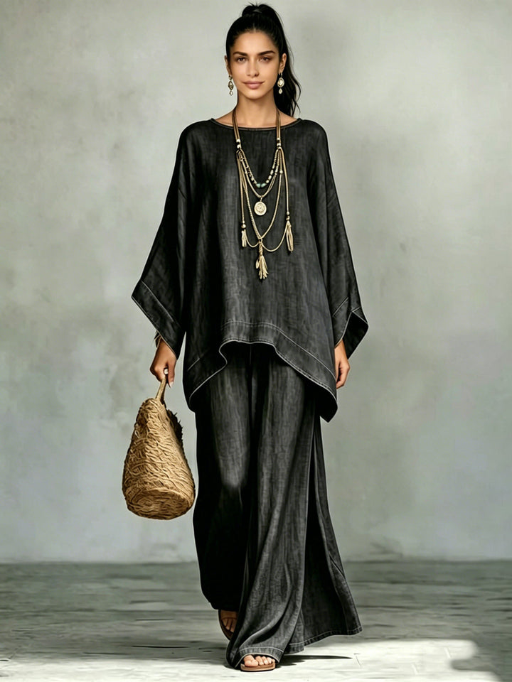 Denim Batwing Asymmetrical Top &amp; Wide Leg Pants Set