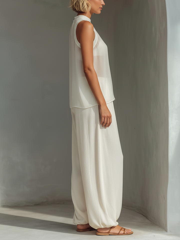 Semi-sheer Chiffon Sleeveless Top &amp; Cotton And Linen Blend Drawstring Wide-Leg Trousers