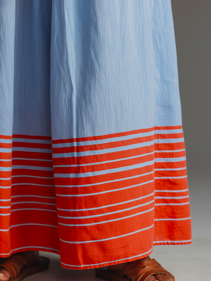 Vacation Style Blended Halter Neck Striped Hem Maxi Dress With Pockets