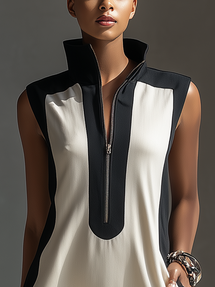 Black &amp; White Color-Block Mini Dress With Stand Collar &amp; Half-Zip