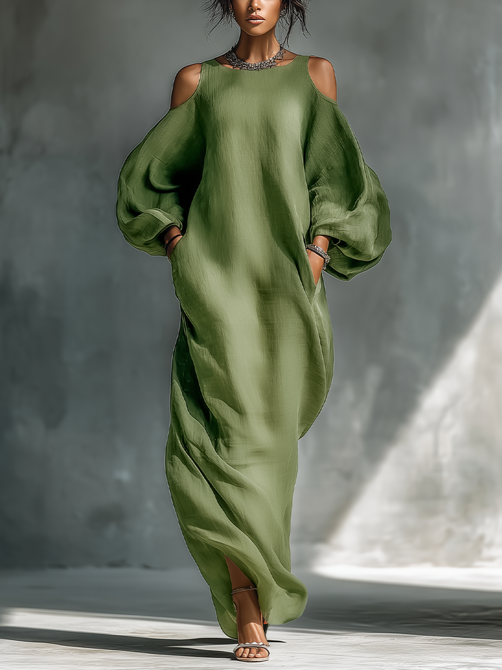Oversized Puff Sleeves &amp; Side Pockets Cold-Shoulder Maxi Dress