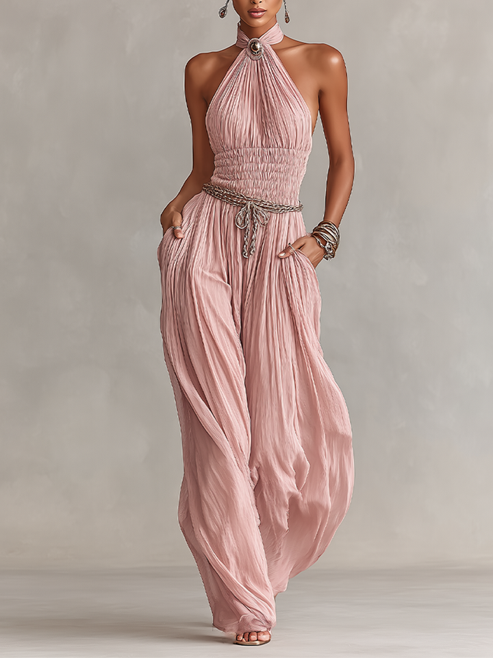 Halter Neck &amp; Ruched Waist Pleated Jumpsuit
