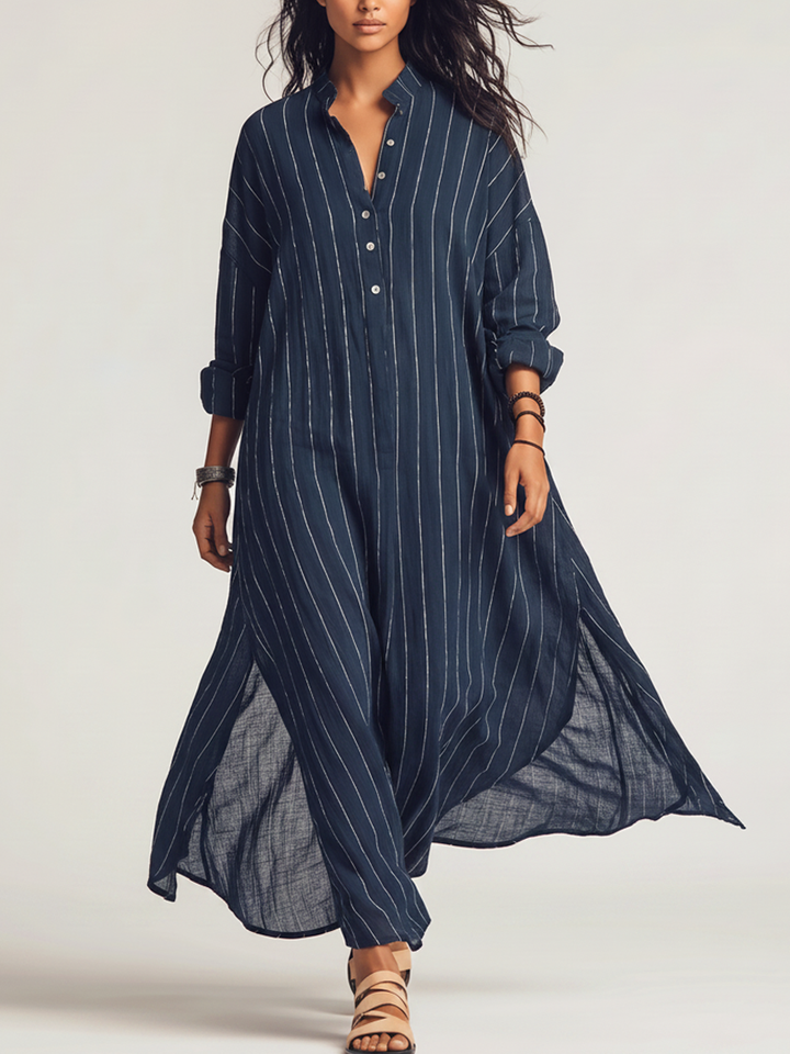 Striped Stand-Collar Chiffon Maxi Dress