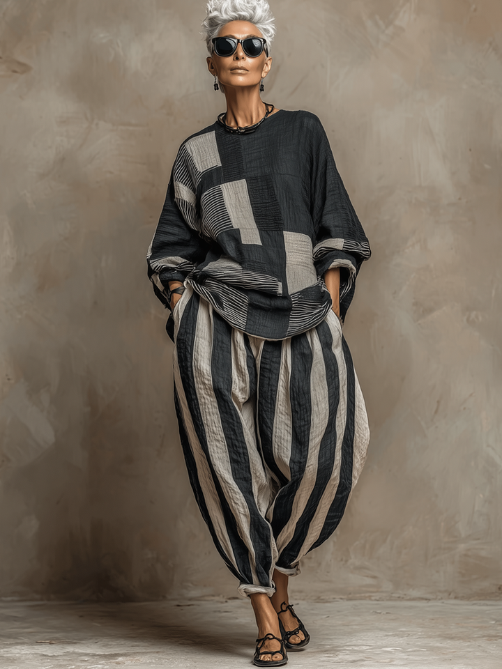 Casual Color-Block Printed Crewneck Loose-Fit Long-Sleeve Top And Pants Set