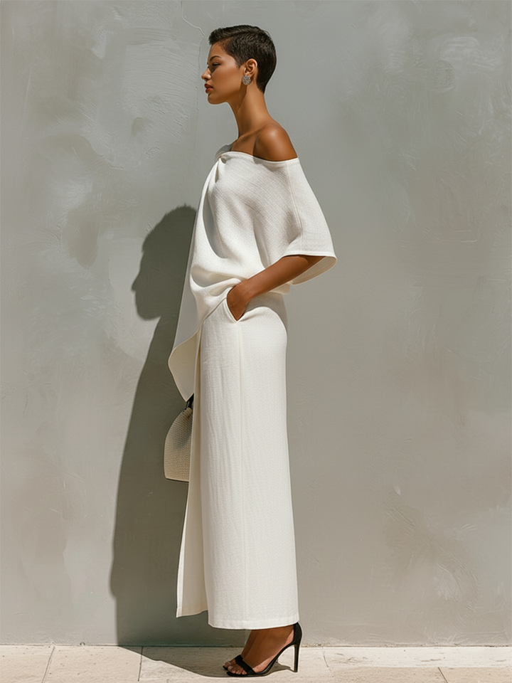 One-Shoulder Knot Detail &amp; Front Slit Skirt Set
