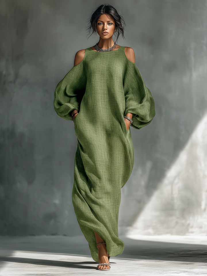 Oversized Puff Sleeves &amp; Side Pockets Cold-Shoulder Maxi Dress