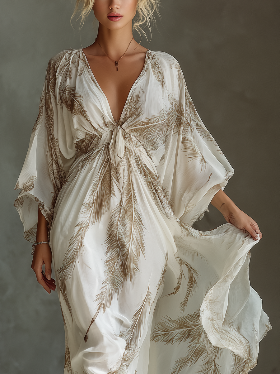 Twist Front &amp; Palm Leaf Print Chiffon Dolman Sleeve Maxi Dress