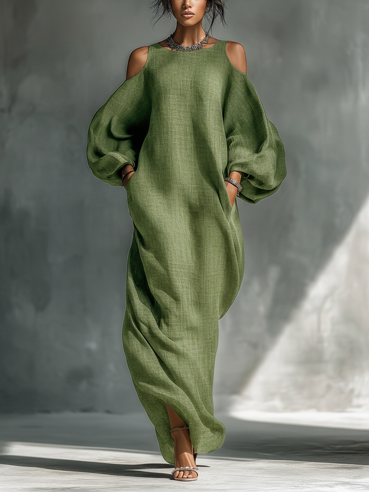 Oversized Puff Sleeves &amp; Side Pockets Cold-Shoulder Maxi Dress