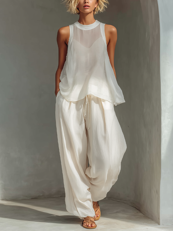 Semi-sheer Chiffon Sleeveless Top &amp; Cotton And Linen Blend Drawstring Wide-Leg Trousers