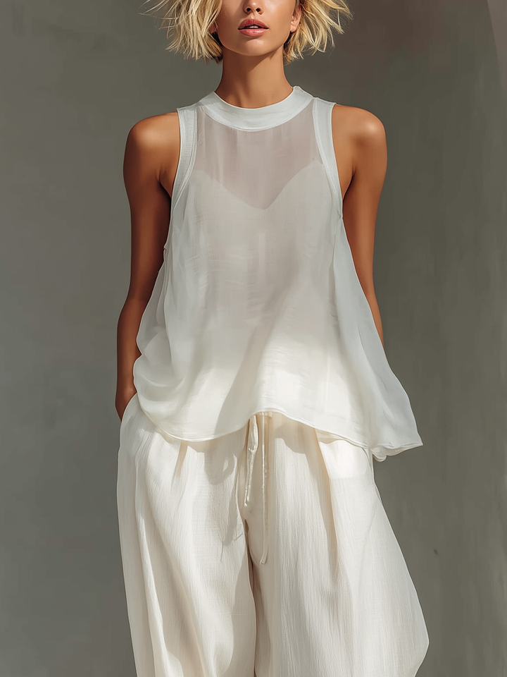 Semi-sheer Chiffon Sleeveless Top &amp; Cotton And Linen Blend Drawstring Wide-Leg Trousers