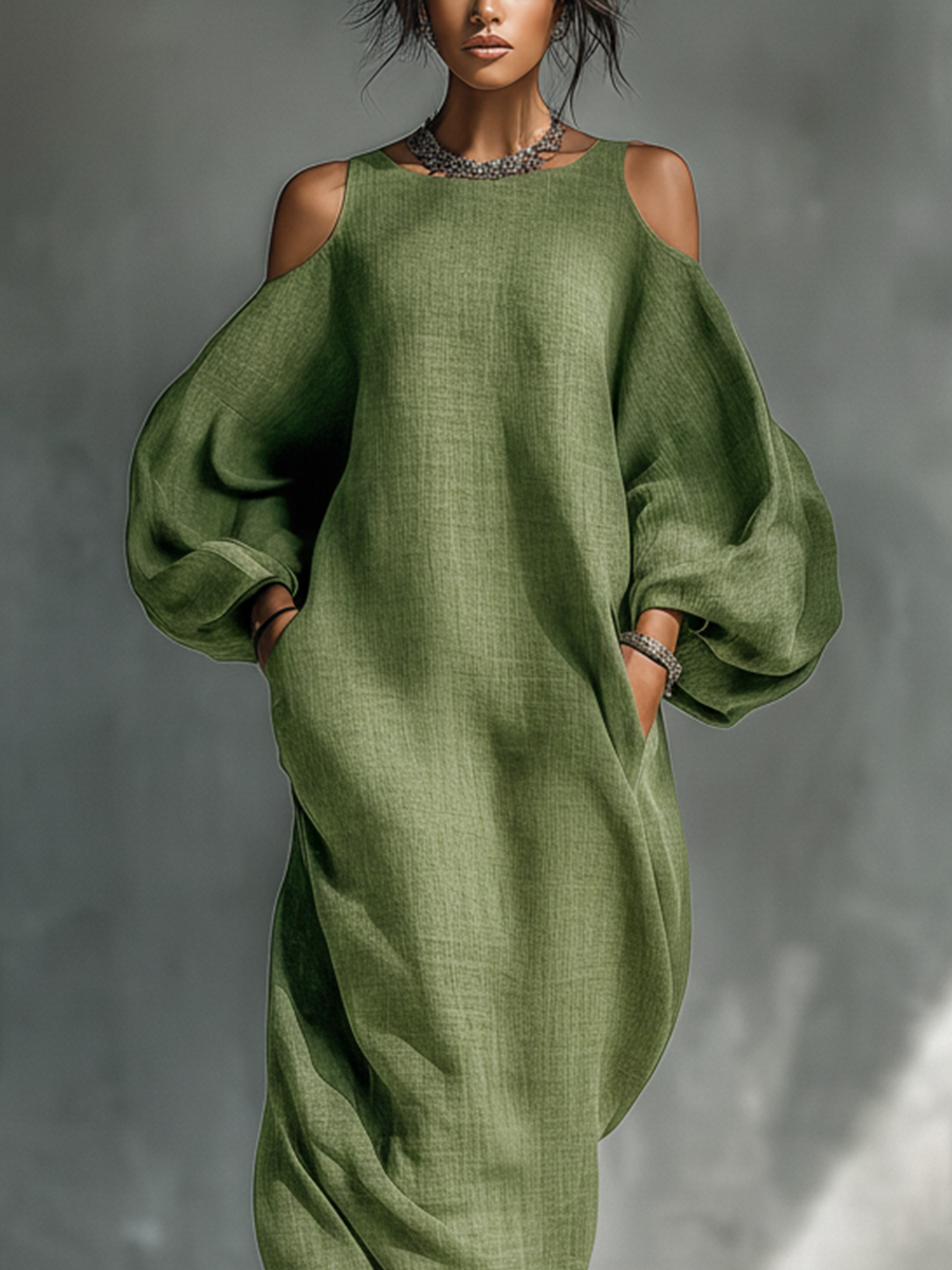 Oversized Puff Sleeves &amp; Side Pockets Cold-Shoulder Maxi Dress