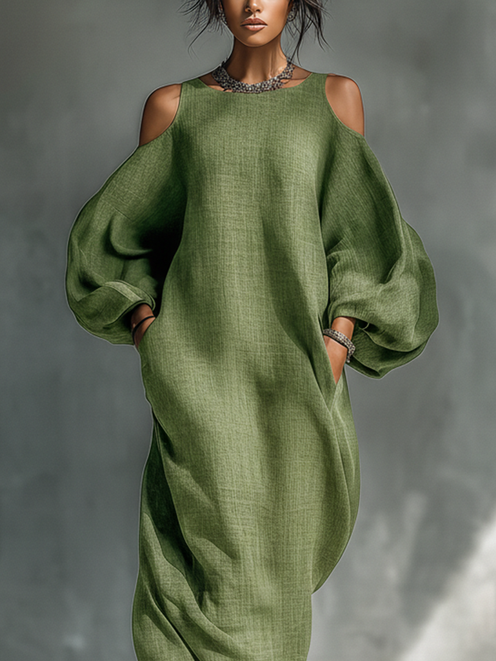 Oversized Puff Sleeves &amp; Side Pockets Cold-Shoulder Maxi Dress