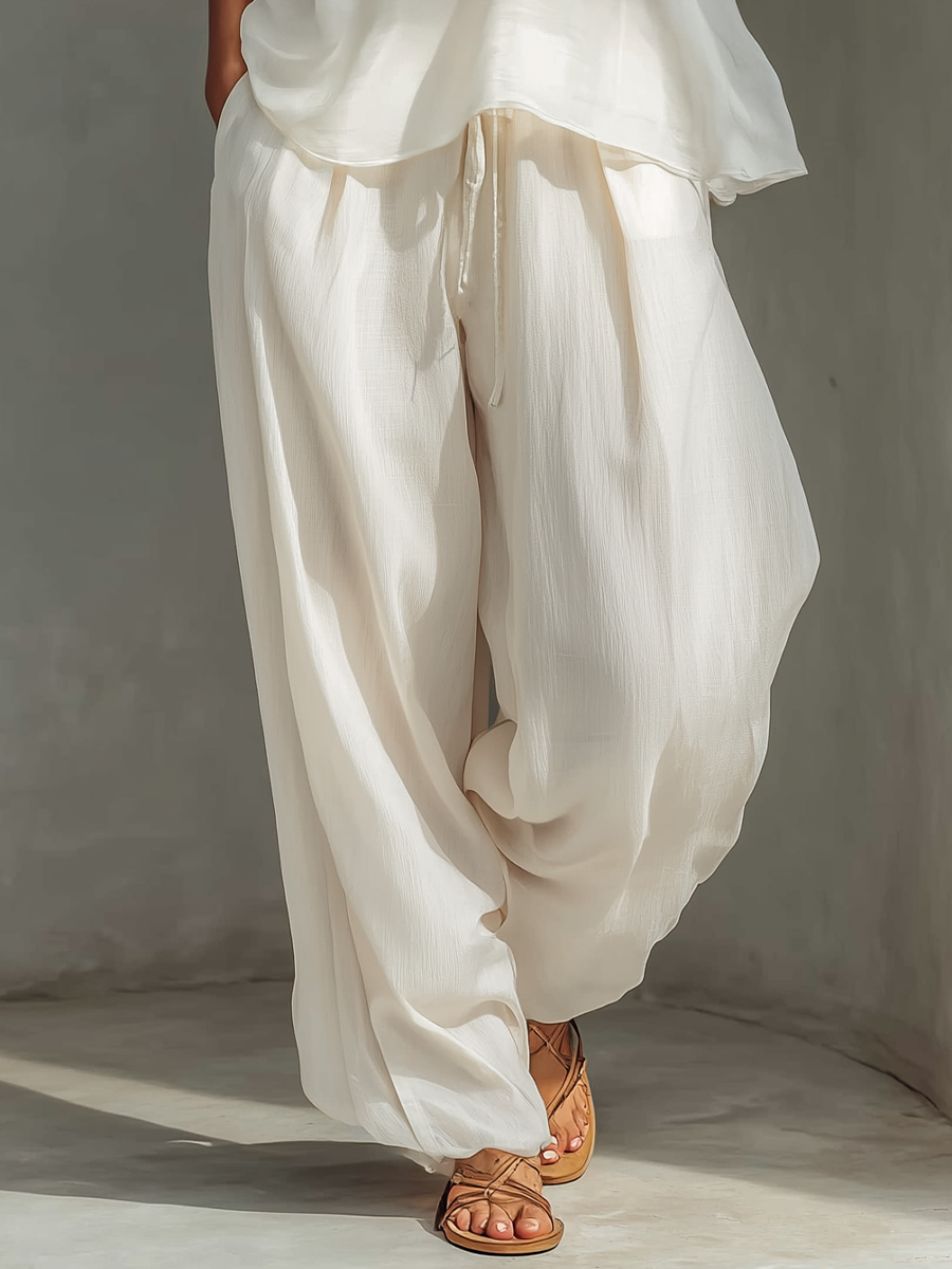 Semi-sheer Chiffon Sleeveless Top &amp; Cotton And Linen Blend Drawstring Wide-Leg Trousers