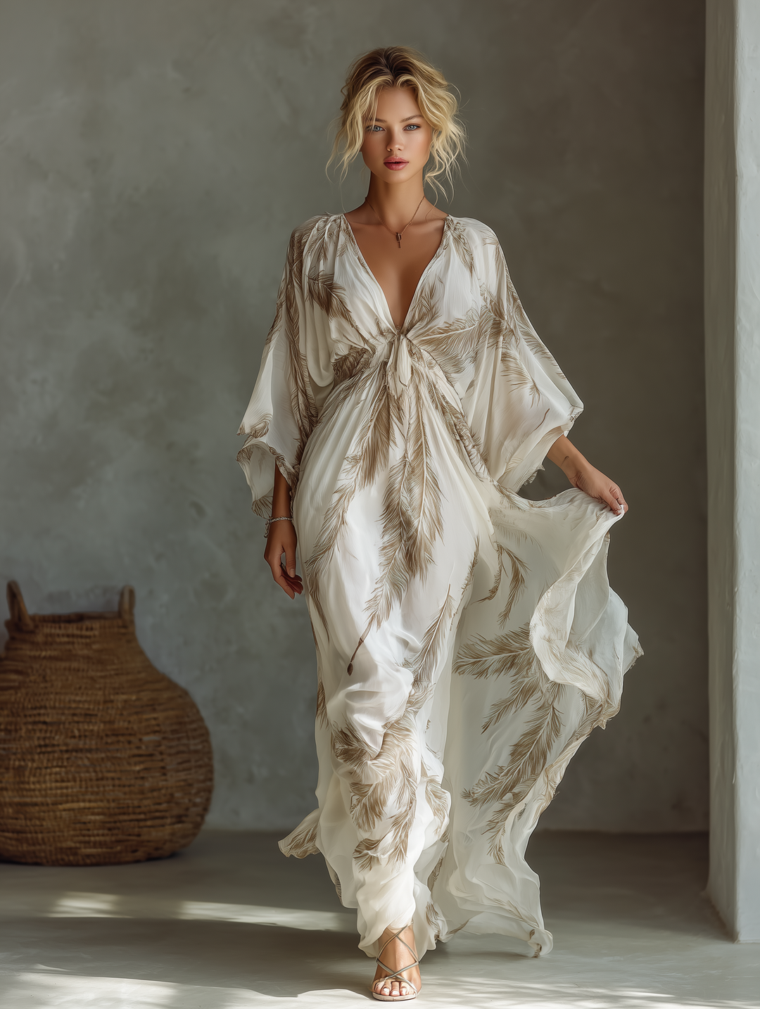 Twist Front &amp; Palm Leaf Print Chiffon Dolman Sleeve Maxi Dress