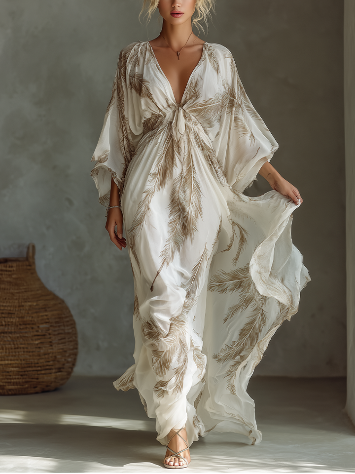 Twist Front &amp; Palm Leaf Print Chiffon Dolman Sleeve Maxi Dress