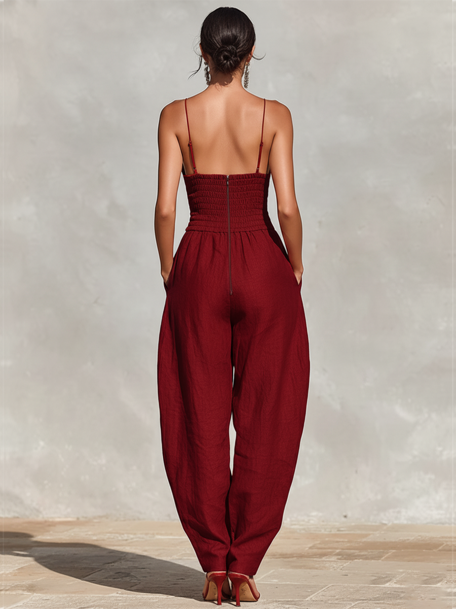 Spaghetti Straps &amp; High-Waisted Pleated Jumpsuit