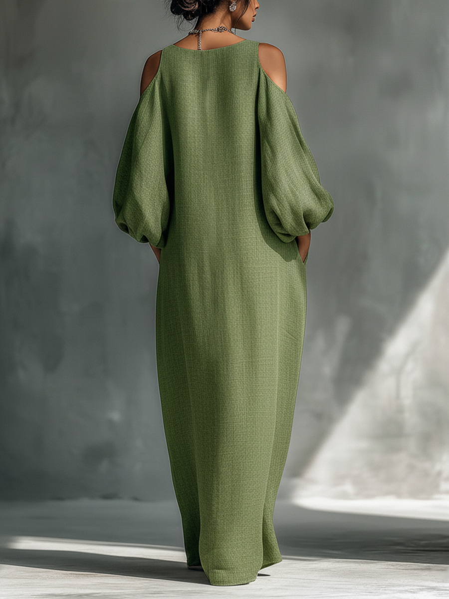 Oversized Puff Sleeves &amp; Side Pockets Cold-Shoulder Maxi Dress
