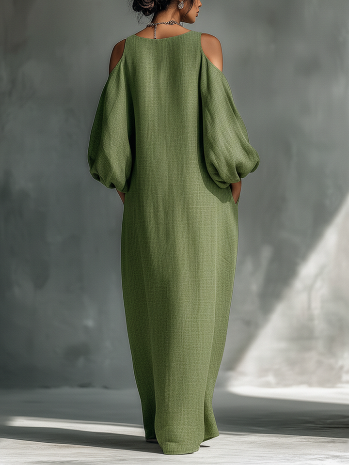 Oversized Puff Sleeves &amp; Side Pockets Cold-Shoulder Maxi Dress