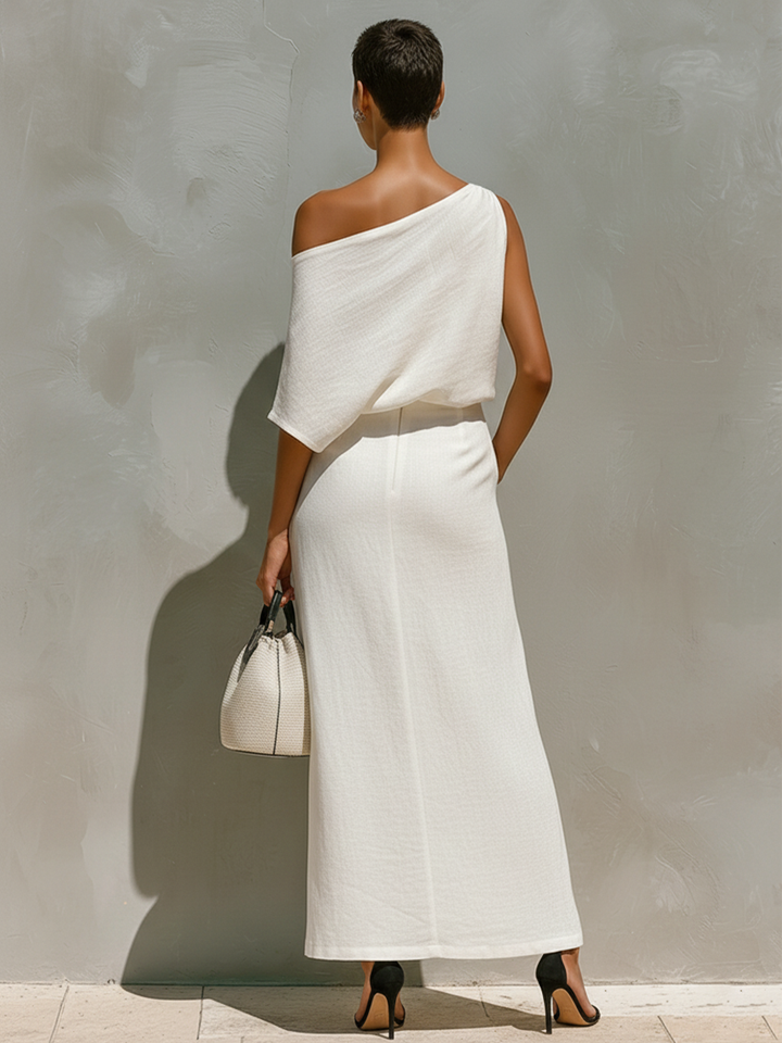 One-Shoulder Knot Detail &amp; Front Slit Skirt Set